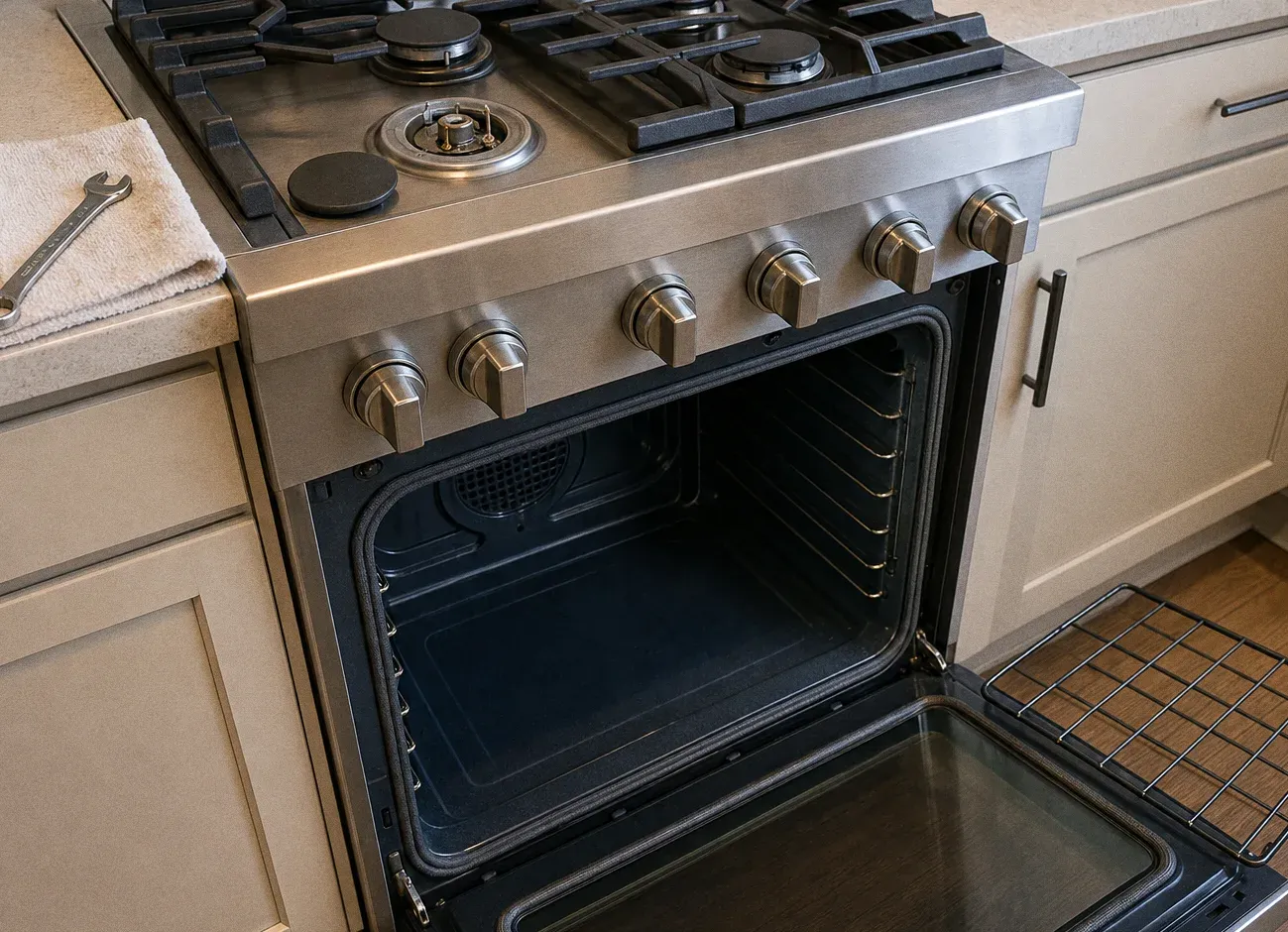 Gas range in pale cabinets with the oven door lowered and one oven rack set down on the floor beside it