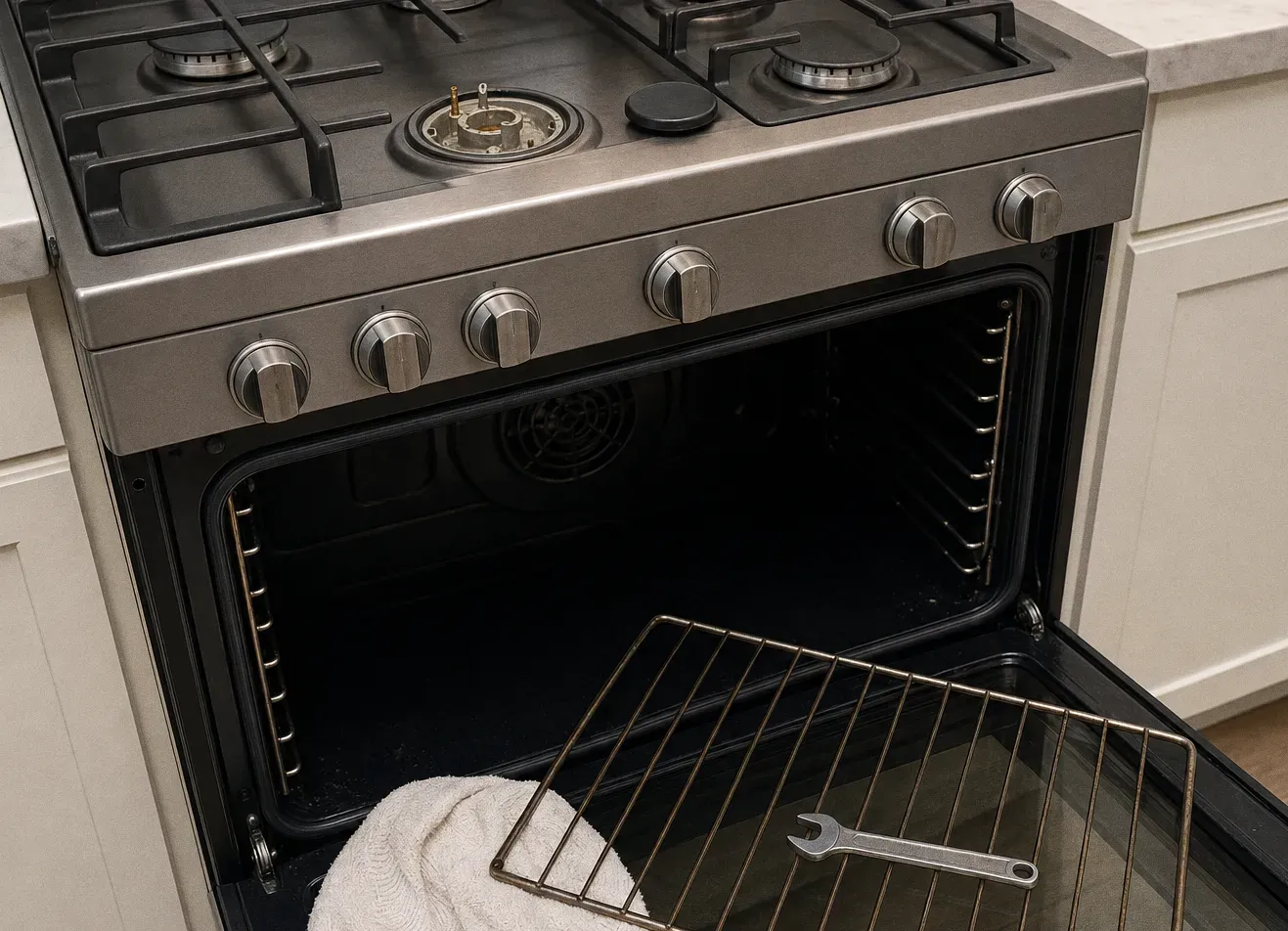 Oven rack laid across the open door with a wrench beside it, convection cover visible at the back of the cavity