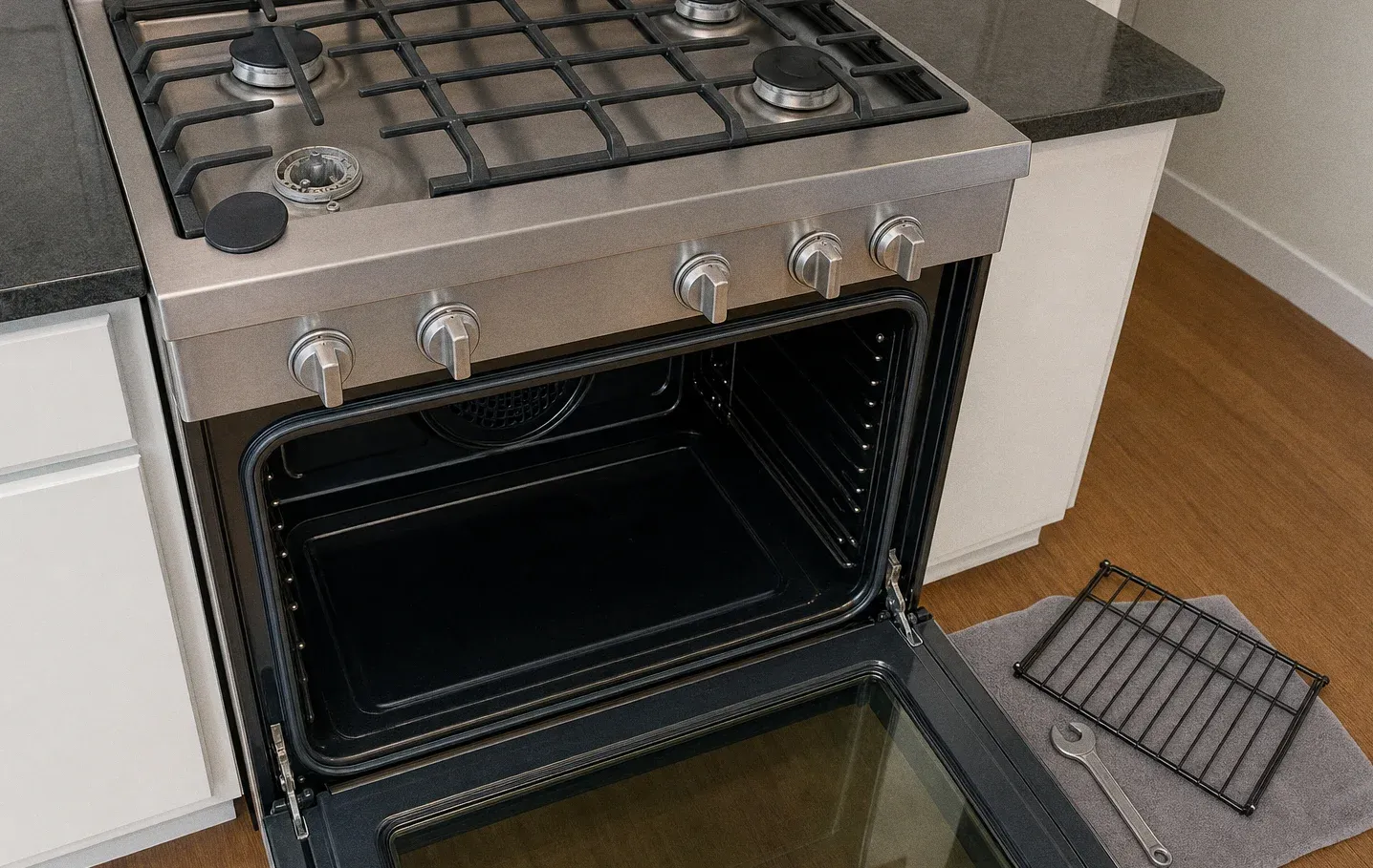 Gas range against a dark stone counter with the oven door open and a rack set down on the floor